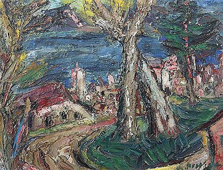"Südliche Landschaft mit See" und baumbestandenen Straßen
