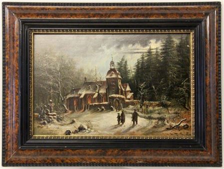 Romantische Winterlandschaft mit Kirche und Personen beim Kirchgang
