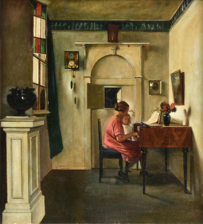 "Morning Piano Lesson, Lady and Child in Music Room"