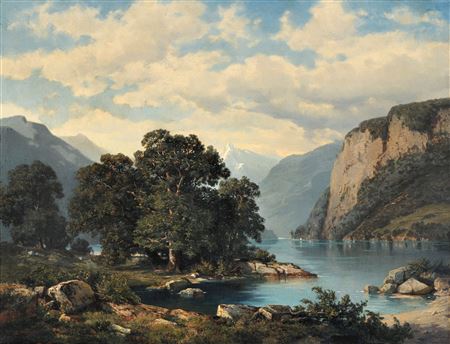 Blick auf den Vierwaldstättersee mit Schillerstein und den verschneiten Bristen