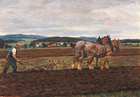 Pflügender Bauer im Schönfelder Hochland bei Dresden.