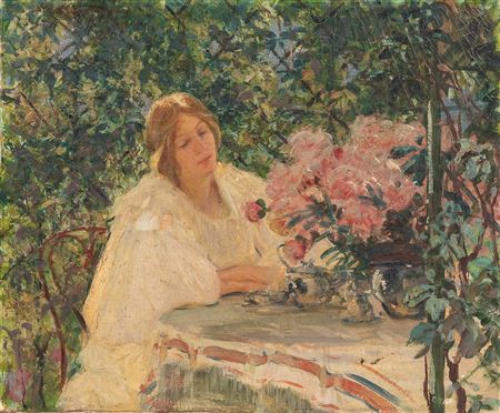 Woman at Tea in a Garden