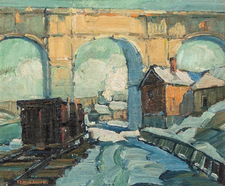 Trainyard and Arched Bridge in Snow by Edwin Gunn - Auction record, sale price, and art valuation. Compare with similar artists and explore comparable artworks.