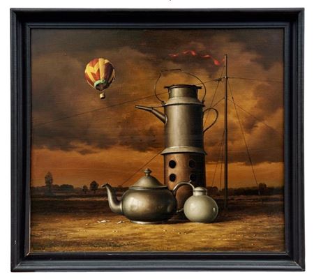 Surrealistic landscape with jugs and hot air balloon by Marian Michalik - Auction record, sale price, and art valuation. Compare with similar artists and explore comparable artworks.