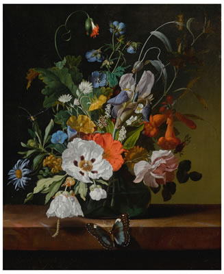 Still life with flowers in a vase on a ledge with a dragonfly, caterpillar, and butterfly by Rachel Ruysch - Auction record, sale price, and art valuation. Compare with similar artists and explore comparable artworks.