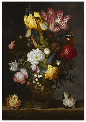 A still life of white and red roses, a tulip, anemones, a hyacinth, a pansy, lily-of-the-valley, and other flowers in an ornamented glass vase on a hard-stone ledge, with a shell, a bluebottle and a Red Admiral butterfly