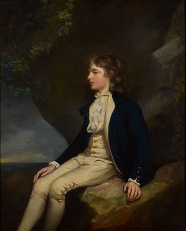 Portrait of a Captain Raynor, R.N., seated on a rocky bank, in a midshipman's uniform
