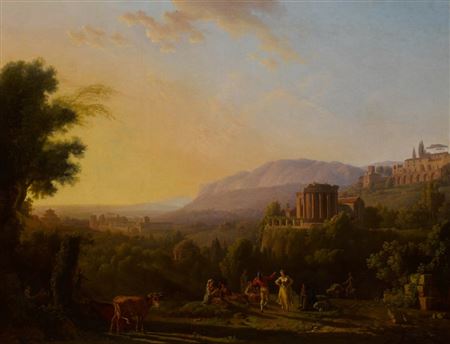 A group of peasants dancing in a landscape, with cows in the foreground and a view of a valley and village at sunset beyond