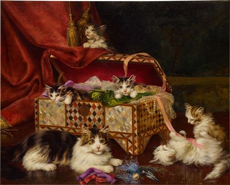Kittens in Sewing Basket by Jules Leroy - Auction record, sale price, and art valuation. Compare with similar artists and explore comparable artworks.