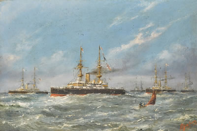 HMS Majestic and other vessels in convoy by Algernon Yockney - Auction record, sale price, and art valuation. Compare with similar artists and explore comparable artworks.