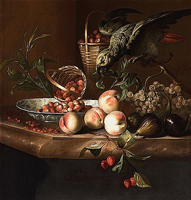 Still life of wild strawberries, peaches, figs, and other fruit on a ledge with a grey parrot by Barend van der Meer - Auction record, sale price, and art valuation. Compare with similar artists and explore comparable artworks.