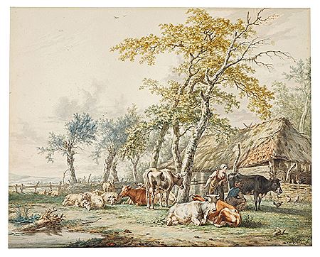 Peasants and flocks before a barn by Jan Baptist Kobell II - Auction record, sale price, and art valuation. Compare with similar artists and explore comparable artworks.