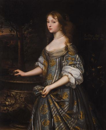 Portrait of Jane Monins (c.1640-99), three-quarter length, in a blue and gold dress by John Michael Wright - Auction record, sale price, and art valuation. Compare with similar artists and explore comparable artworks.