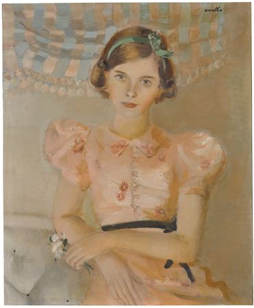 Sample artwork by Raymond Kanelba (1897 - 1960), known for modernist female portrait, child figure and still life painting - View similar artists and auction records