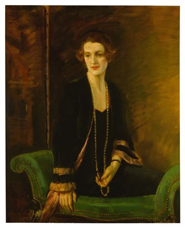 Portrait of Lady Doreen Browne, Wife of 5th Baron Brabourne (1894-1939), three-quarter length seated on a green window seat