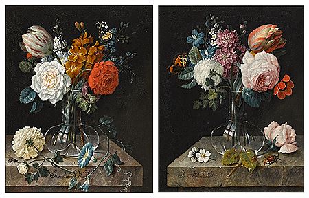 A pair of still lifes of flowers in glass vases on stone tables (pair)