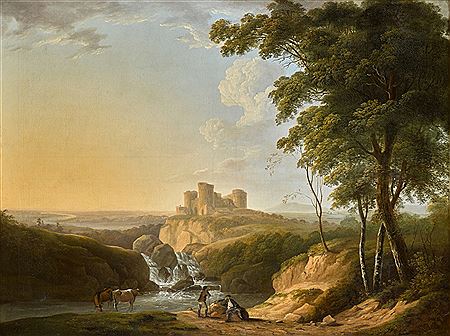 An extensive landscape with a view of Chepstow Castle on a hill beyond