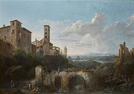 A river landscape with ruins of an aqueduct