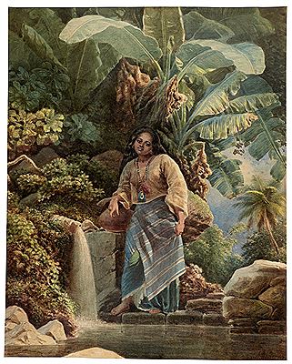 A Filipina standing at a fountain beneath a banana tree