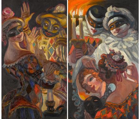 Two Panels for the Cabaret Prival Komediantov in Petrograd (2) by Sergei Soudeikine - Auction record, sale price, and art valuation. Compare with similar artists and explore comparable artworks.
