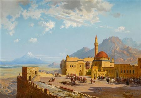 Ishak Pasha Palace with Mount Ararat in the Background by Paul von Franken - Auction record, sale price, and art valuation. Compare with similar artists and explore comparable artworks.