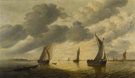 An estuary scene in late afternoon looking towards the lowering sun, with kaags in a light breeze