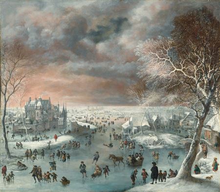 A winter landscape with figures ice skating, a village and castle beyond