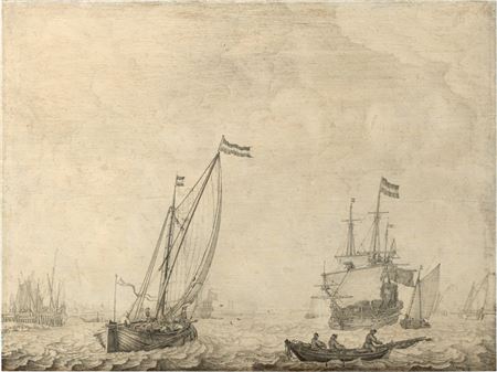 A coastal scene with a three-master, a kaag on a broad reach and other small vessels, a penschilderij