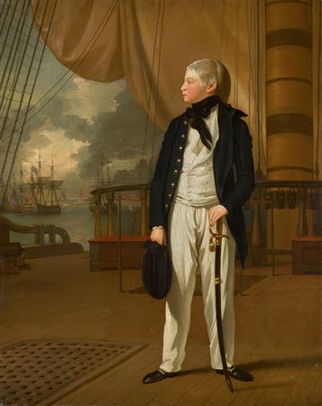 Portrait of Prince William, later King William IV of Great Britain (1765–1837), when a midshipman, in naval uniform standing on the deck of HMS Prince George