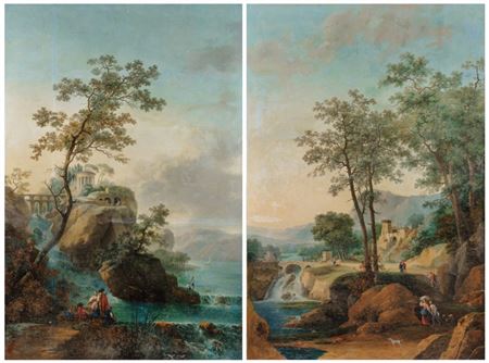 Pair: A Landscape with an architectural capriccio of Tivoli; A Landscape with falls and a bridge