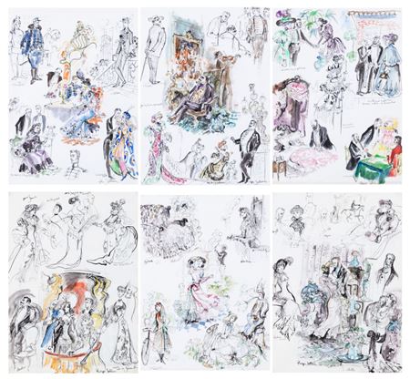 Scènes et personnages d'À la Recherche du temps perdu de Marcel Proust. 6 planches de dessins originaux