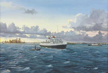 SS Rex, in New York Harbour with Japanese Vessel in background and Moran Tug in foreground