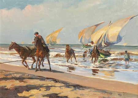 Horses pulling a boat