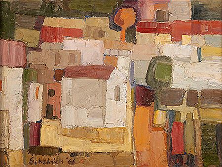ABSTRACTED LANDSCAPE WITH HOUSES AND FIGURES