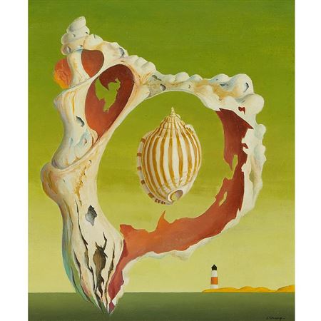 Surrealist Landscape — Nantucket Lighthouse with Shells by John Oliver Sharp - Auction record, sale price, and art valuation. Compare with similar artists and explore comparable artworks.
