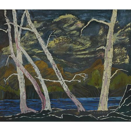 Landscape of Trees Before a Body of Water and Mountains by Frederick Remahl - Auction record, sale price, and art valuation. Compare with similar artists and explore comparable artworks.