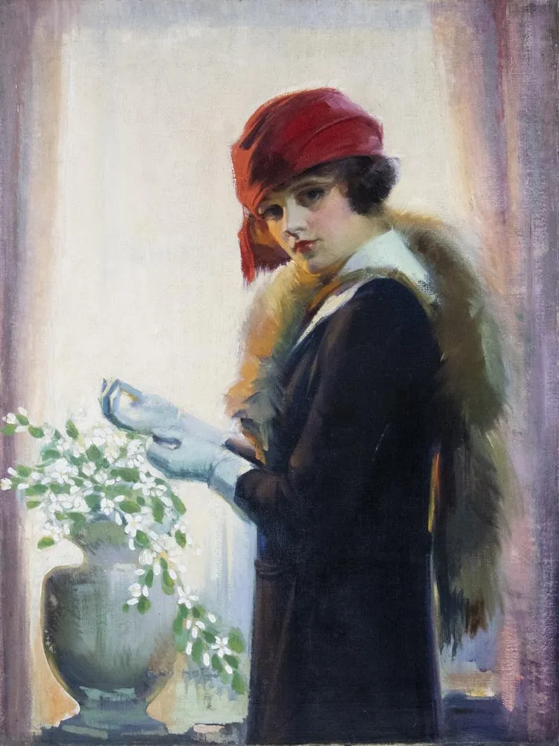 American Beauty in Red Hat Donning Gloves, circa 1915