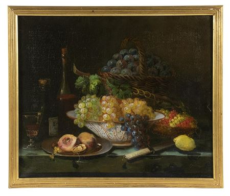 Dutch Style Still Life with Fruit in Bowl and Basket, wine bottle and glass, pewter plate and knife