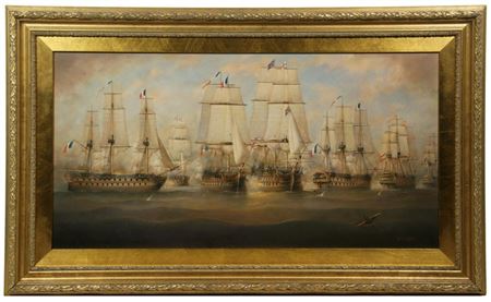 "Trafalgar; HMS Victory Cutting the Spanish and French Line" by Brian Coole - Auction record, sale price, and art valuation. Compare with similar artists and explore comparable artworks.