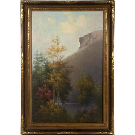 Untitled (Mountain and forested lake landscape)