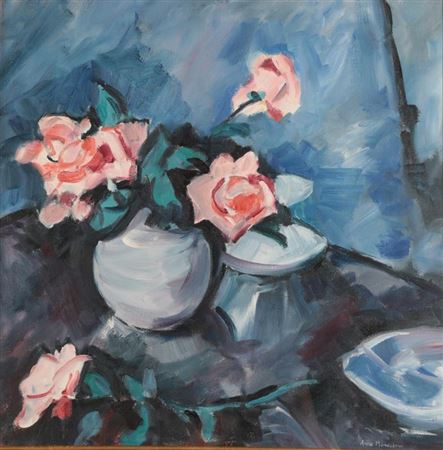 Still life of pink roses in a blue vase