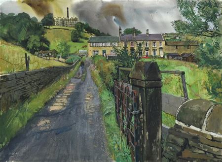 Figures before houses in a West Yorkshire landscape