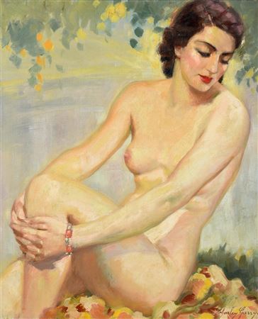 A NUDE SEATED AND POSED BESIDE A LAKE IN DAPPLED SUNLIGHT by Charley Garry - Auction record, sale price, and art valuation. Compare with similar artists and explore comparable artworks.