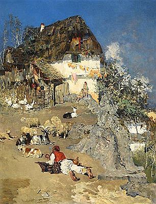 Croatian Goatherders at rest before a rustic cottage