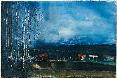 "Landscape with birches and houses"