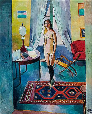 Interior with standing model in black socks