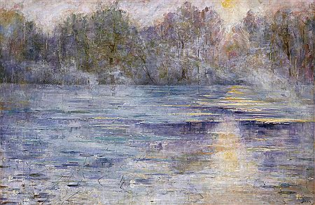 Sun reflections and fog over waterlily dust