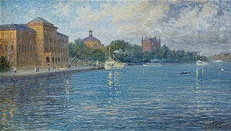 View towards the National Museum and Skeppsholmen at dusk by Erik Tryggelin - Auction record, sale price, and art valuation. Compare with similar artists and explore comparable artworks.