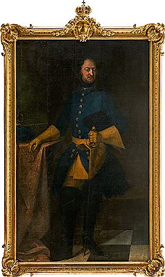 Portrait of Charles XII (1682‑1718), King of Sweden, standing in full figure at a table