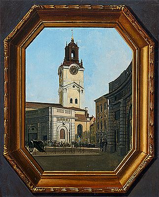 View from the outer courtyard at Stockholm Castle towards the Great Church in a frame - trompe l'oeil